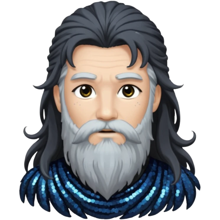Boreas, God of North Wind from Gods and Goddesses with long black shaggy hair, dark gray sequin outfit emoji