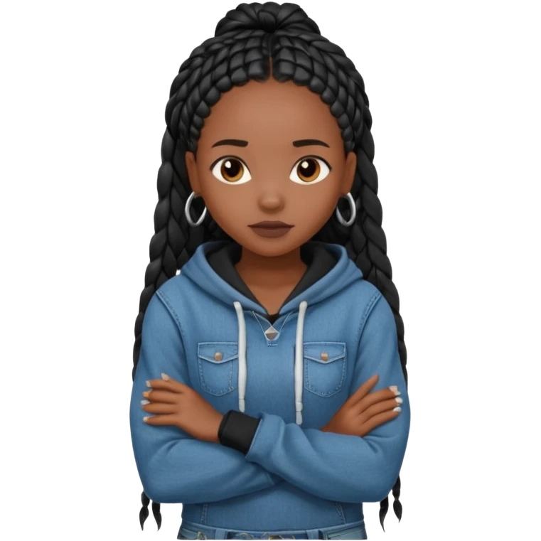 African American dark skin girl with long black box braids wearing plain black hoodie with denim skinny jeans with arms folded across chest emoji