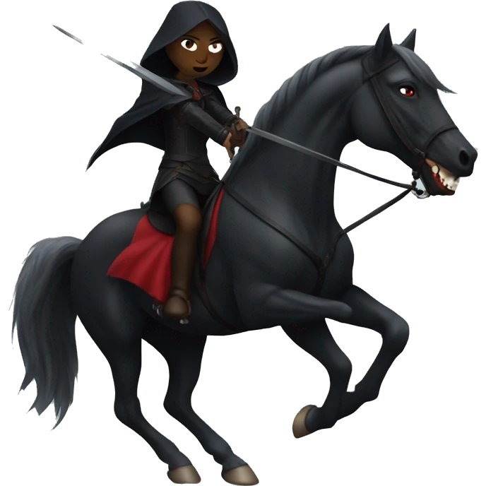 Woman, vampire riding a black horse, wielding a sword emoji
