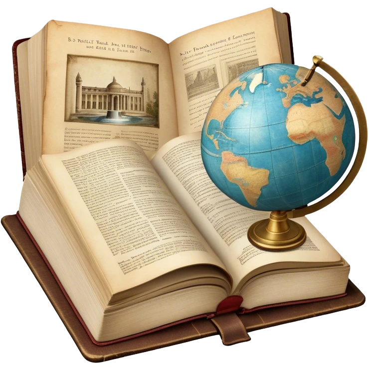 Icon for Documentary and Literary Fiction Reading: an open book with a mix of historical facts and vivid storytelling, featuring a globe, a fountain pen, and a vintage camera. The icon should represent the blend of reality and storytelling in documentary fiction. Transparent background. emoji