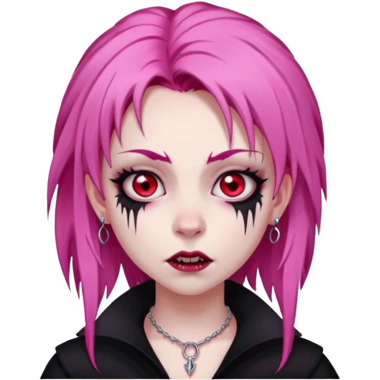 girl, pale vampire, pink hair, very long, shaggy, dark, spooky,double eyebrow dermal piercing, creepy expression emoji