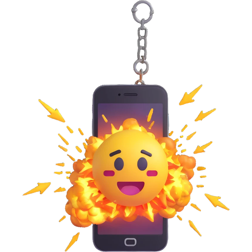 a 3D emoji style image showing a mobile phone with a chain snapping and sparks explosion emoji