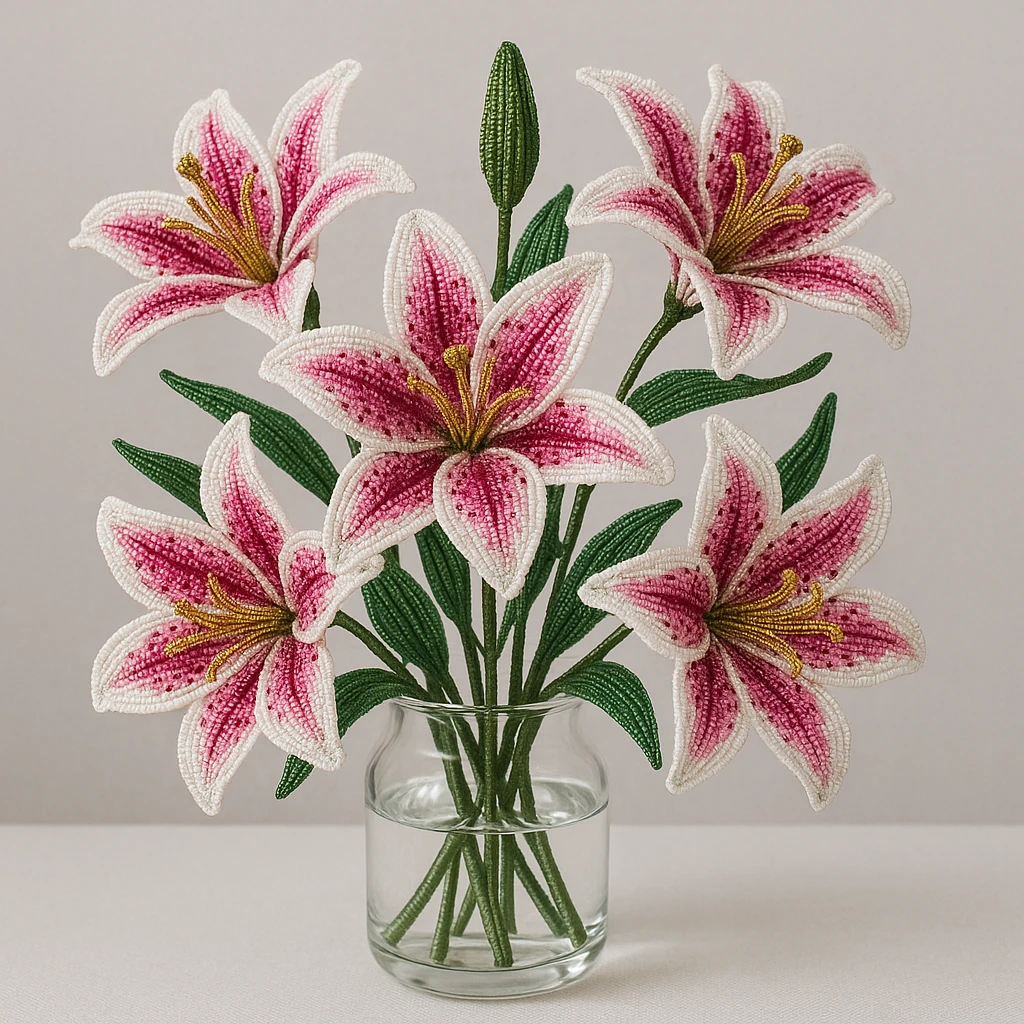 five French beaded pink stargazer lilies arranged in a clear glass vase, intricate beadwork details, delicate petals, realistic floral arrangement, vibrant pink and white colors, elegant and decorative emoji