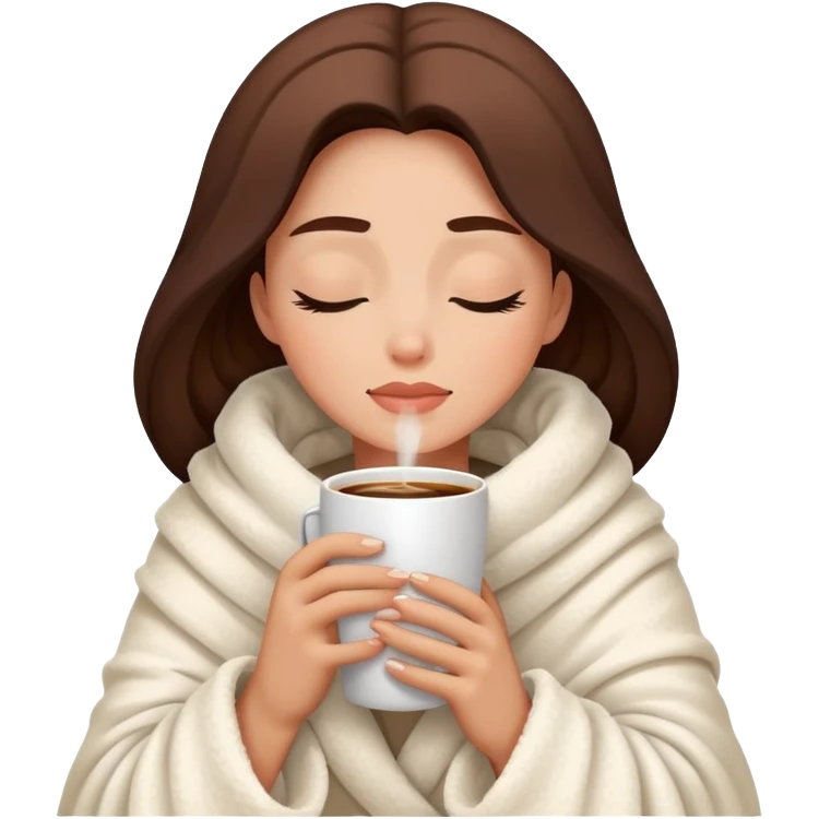 Woman wrapped inside a fluffy blanket sipping coffee with her eyes closed emoji