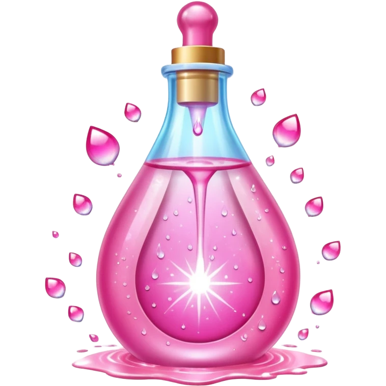 Pink teardrop-shaped glass bottle with rounded pump, glowing with iridescent light. Surrounded by sparkling dew drops, soft heart-shaped flares, and floating. Emits a radiant pink aura that glows like sunrise on skin. Feels like a glamour spell bottled into a juicy, glossy emoji flask. emoji