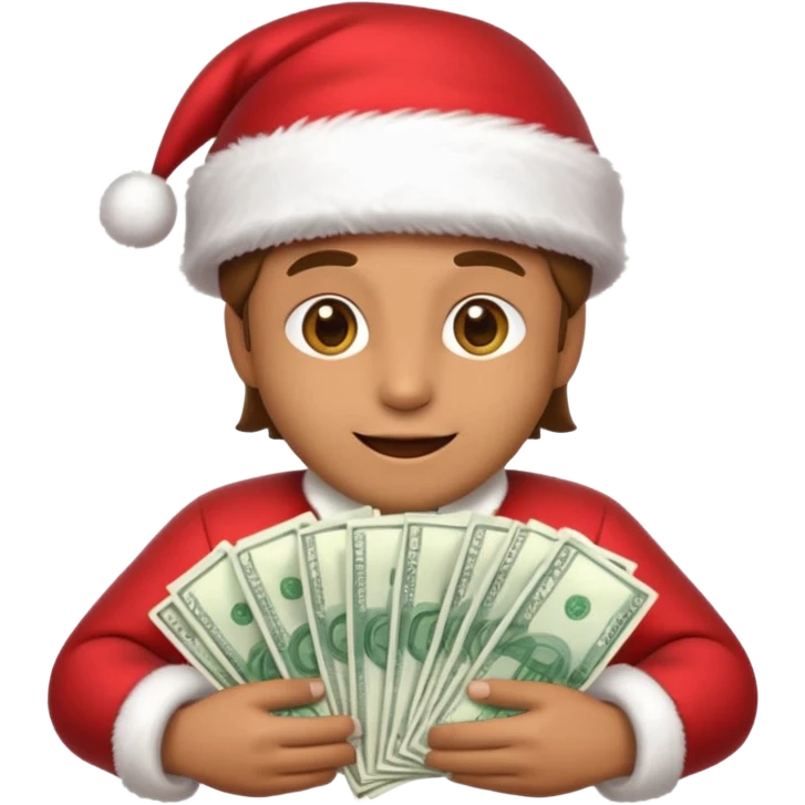 A confident rich emoji face wearing a Santa hat, money stacks, casino vibe, New Year theme, premium 3D emoji style, sharp details, no text, isolated on transparent background emoji