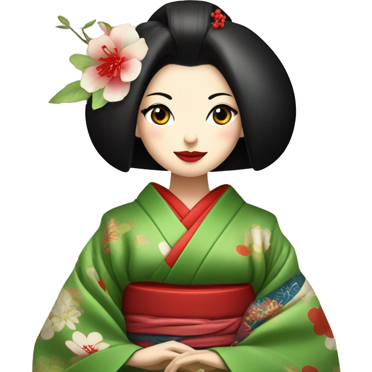 Geisha con kimono rojo y ojos verdes haciendo ceremonia del té  emoji