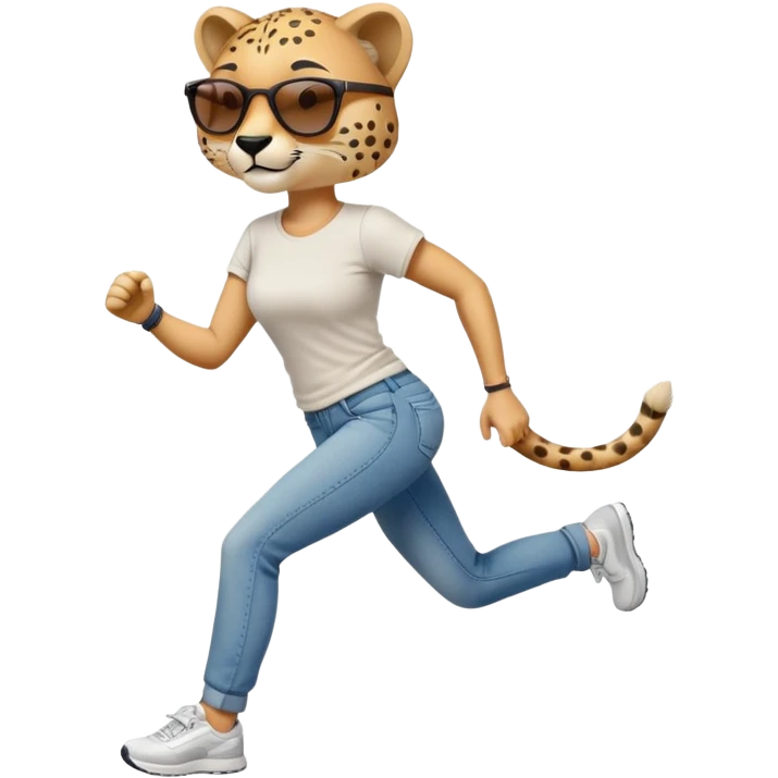 friendly anthropomorphised female cheetah in jeans and t-shirt, wearing dark sunglasses, jogging upright in standard pose emoji