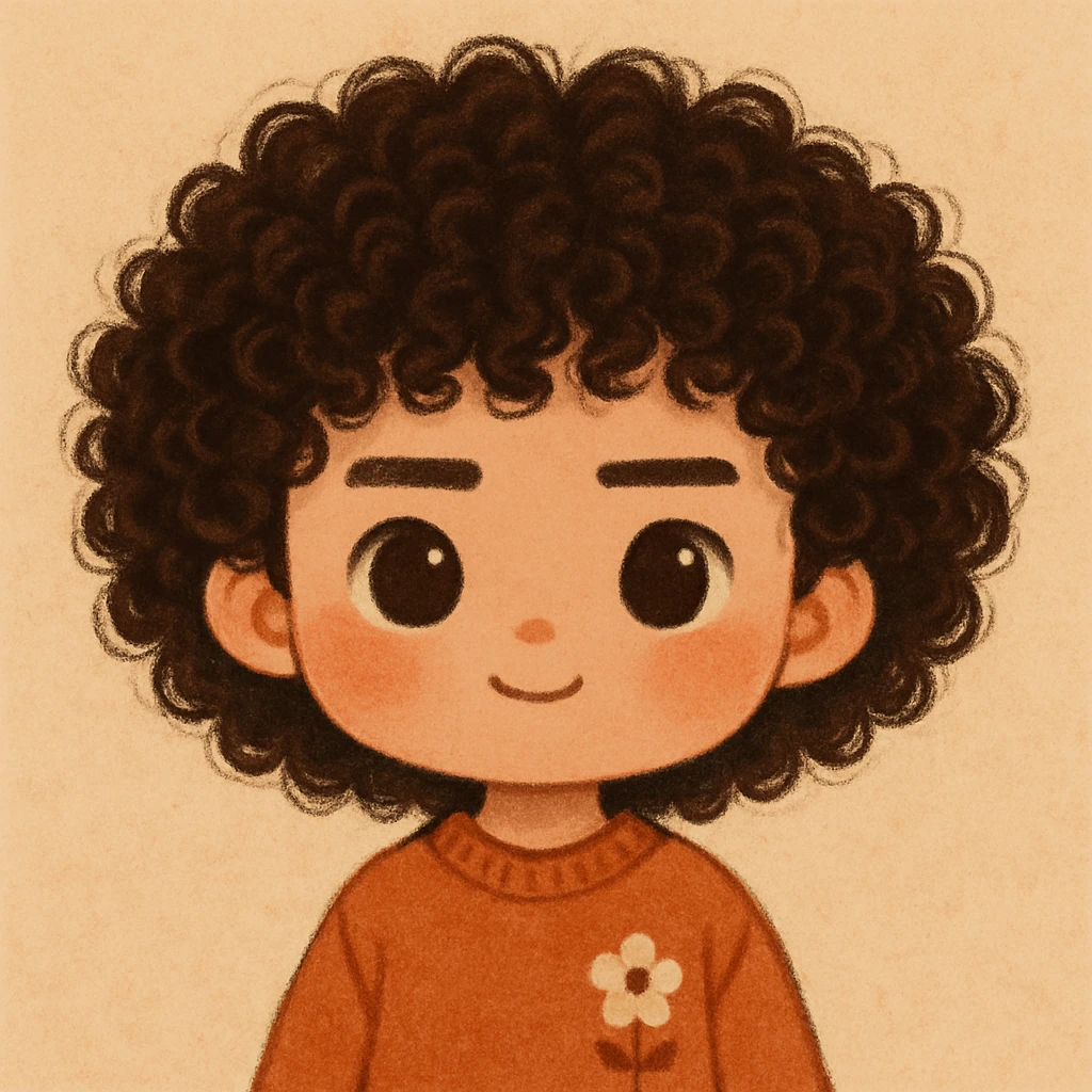 Haz el pelo mucho más rizado y las cejas más rectas, manteniendo el estilo general, cute y todos los detalles anteriores emoji
