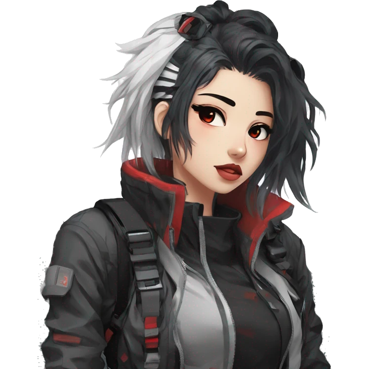 Gorgeous techwear anime style lady with blushing face aesthetic and pretty edgy black red white punk messy hair with collar and harness trending style emoji