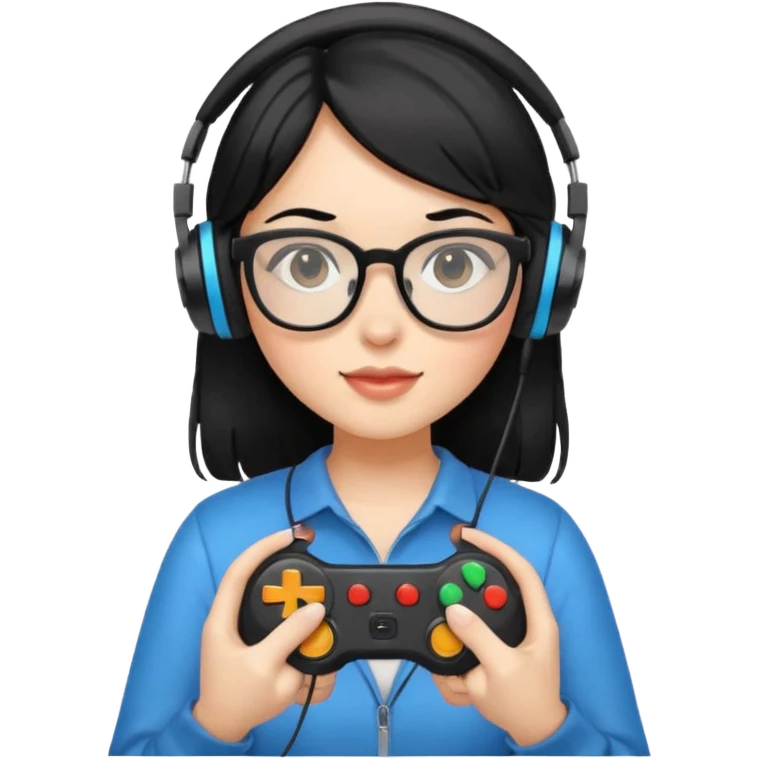 
gamer, black hair girl with glasses, headphone, gamepad emoji