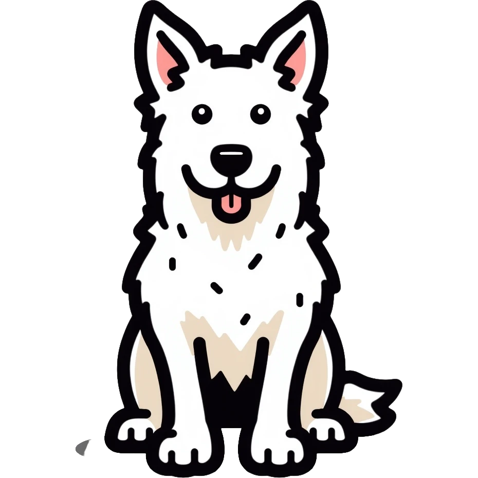 A pure white Border Collie dog sitting, with fluffy fur, alert pointed ears, and friendly expression emoji