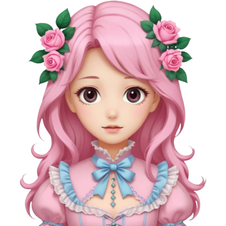 Gorgeous pastel anime lady with long hair and pink victorian style clothes and roses emoji