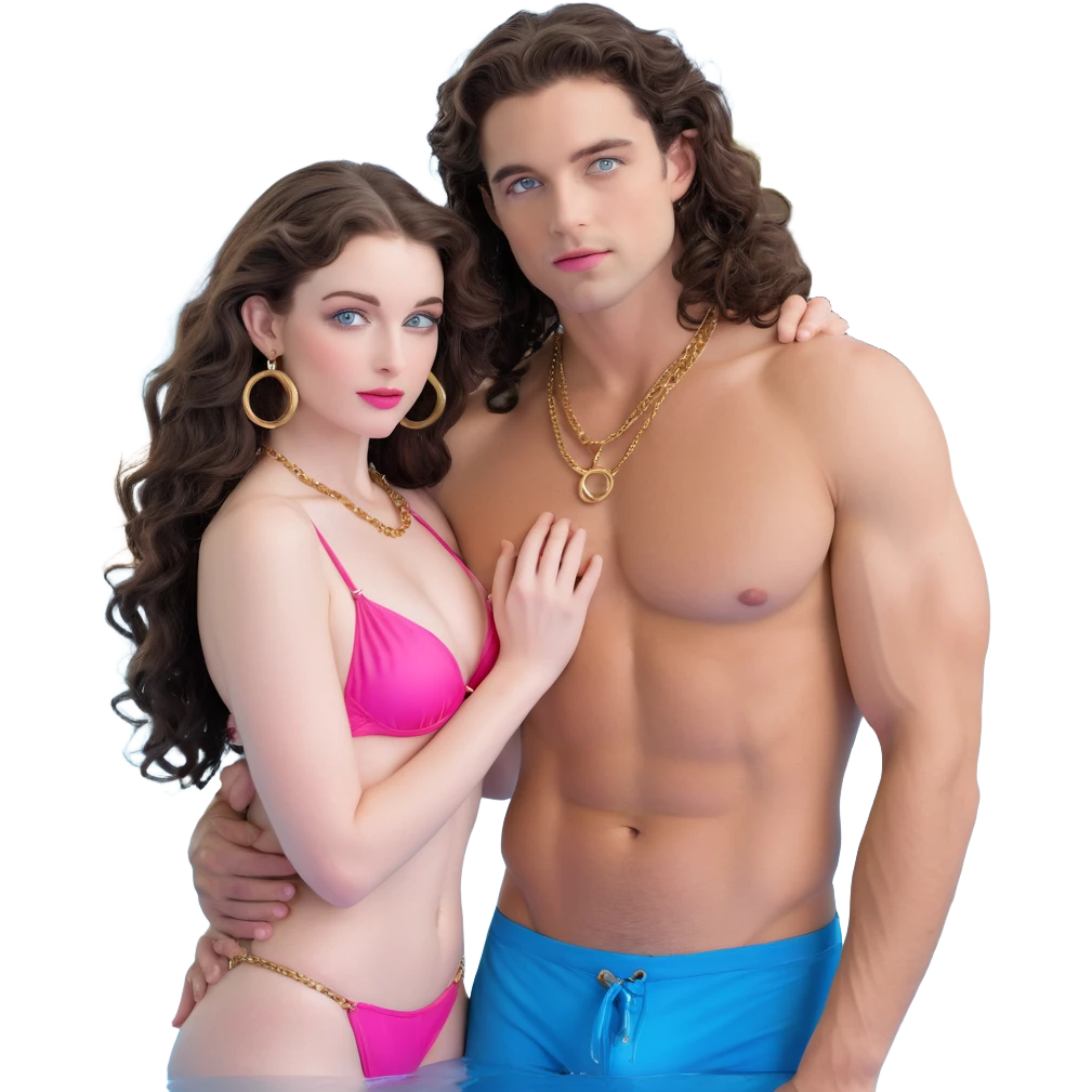 attractive couple kissing by private luxury pool, evening mood lighting, curvier woman with fuller figure, big blue-grey eyes, long lashes, pale skin, pink lips, long voluminous dark brown curls, gold hoop earrings, extremely minimal micro bikini barely covering anything on her plumper body, embracing handsome man with intense blue-grey eyes, chiseled features, pale skin, dark brown styled hair, gold chain, extremely minimal swimwear, most revealing possible outfits, romantic passionate kiss emoji