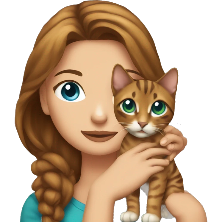 a beautiful girl with green eyes and brown hair is holding a Bengal cat with blue eyes in her arms emoji