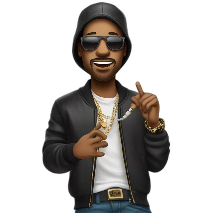 cantante de rap, con estilo urbano, de piel morocha, sujetando un micrófono, cantando. que se vea de la cintura para arriba, puede contener accesorios clave de un rapero. emoji