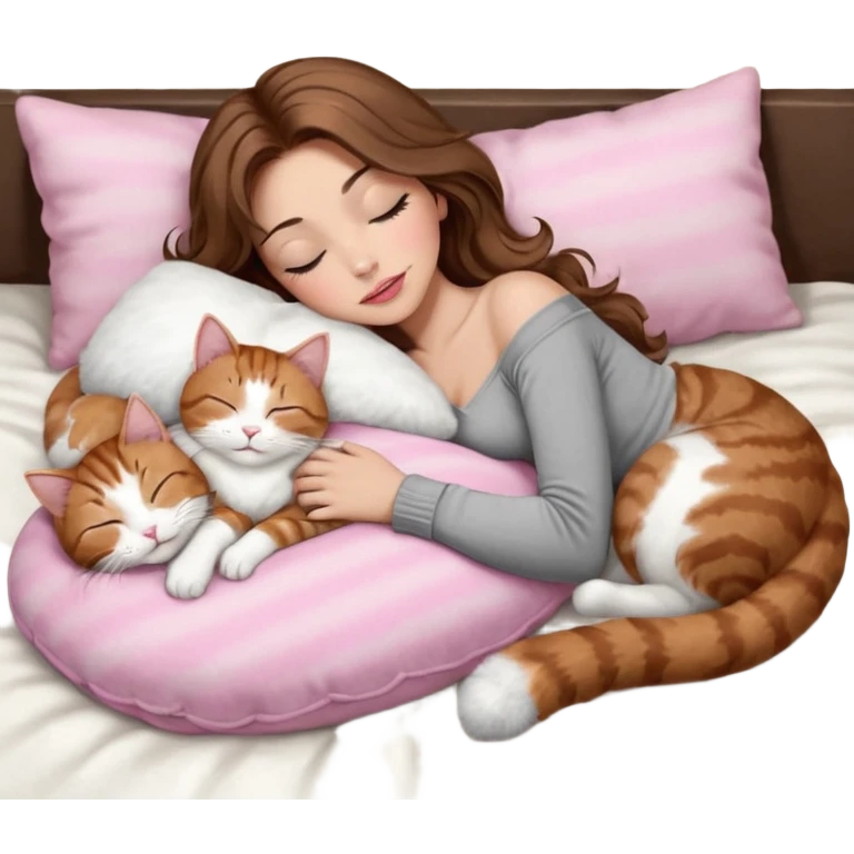 girl with long wavy brown hair, brown eyes, long lashes makeup, sexy pink lips, light to medium complexion,  sleeping on a cozy pillow, with 6 cats: 1 brown and white tabby cat, 1 ginger and white, 2 grey and white, 1 grey with white mittens and small white patch on chest and 1 calico, sleeping emoji