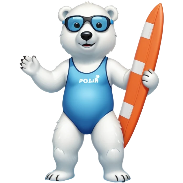 full body friendly anthropomorphised polar bear wearing swim suit with board shorts below the knee and scuba goggles, holding a life buoy, standing in a puddle emoji