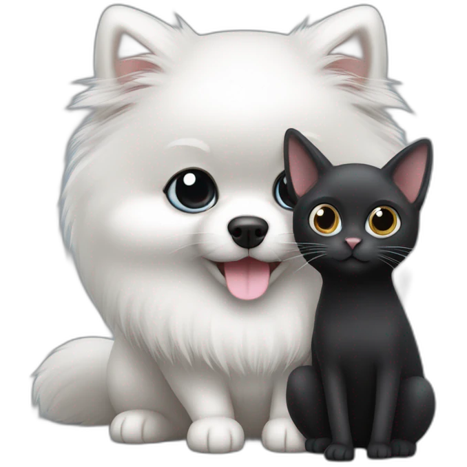 white pomeranian, black cat and gray mouse hug emoji