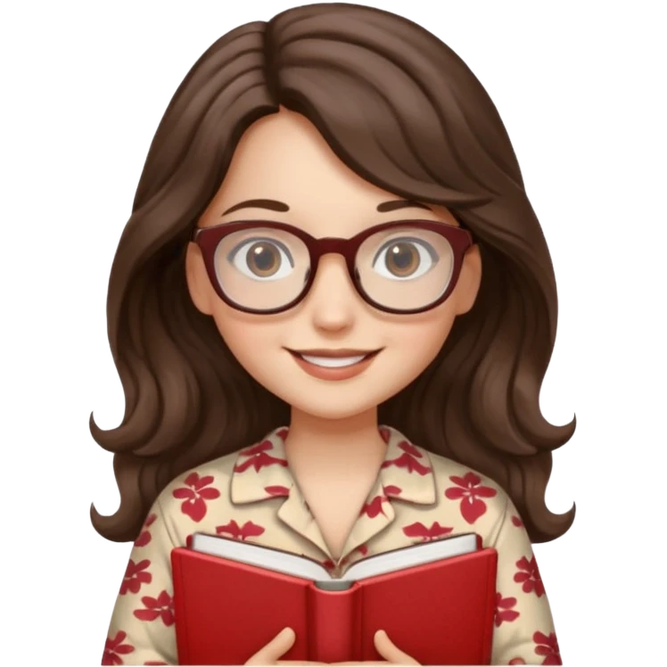 Миловидная девушка брюнетка с длинными  волосами на которых легка волна. карими глазами. В очках и в пижаме с книгой. Картинка должна были в цветах: бежевый, бледно красный, коричневый, белый emoji