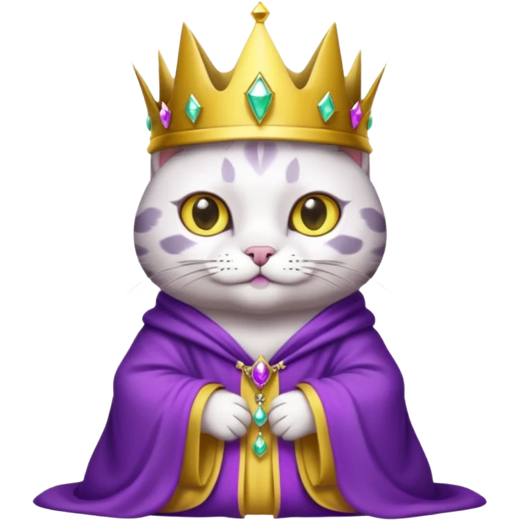 A wizard king cat that is mostly white with black spots and yellow eyes emoji