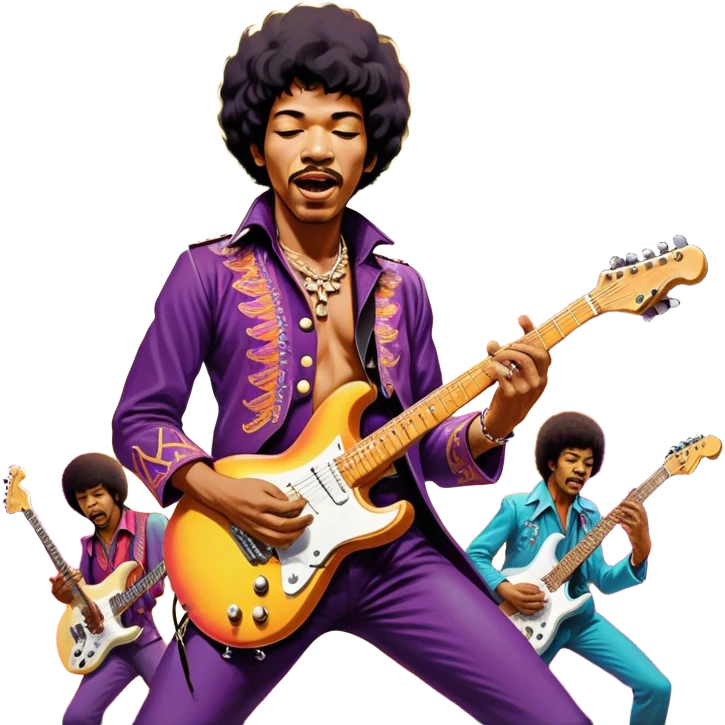 Icon for Rock Music: Jimi Hendrix playing his iconic guitar on stage, surrounded by his band. The design should capture the electrifying energy of his performance with vibrant lighting, swirling colors, and musical intensity. Transparent background. emoji