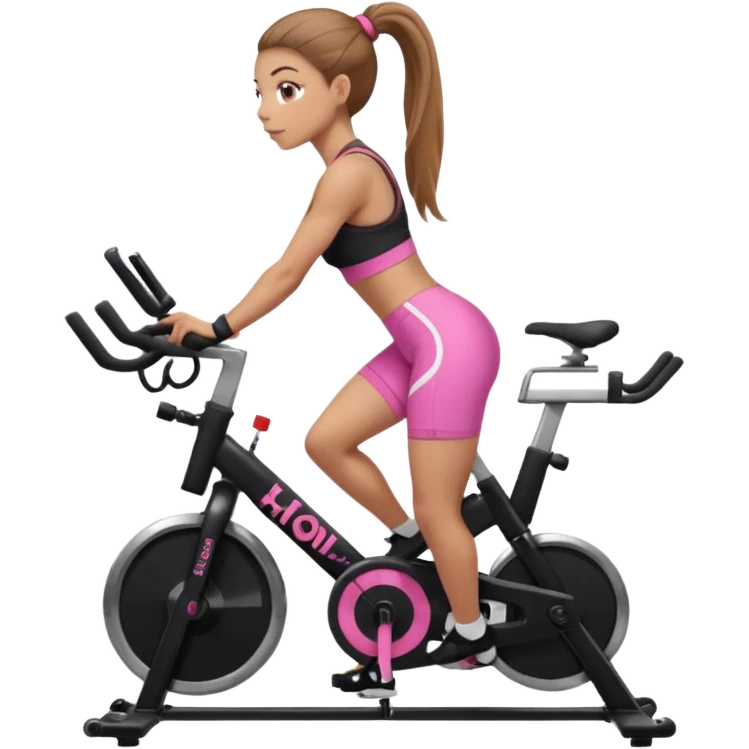 Light skin girl with long light brown hair in a pony tail, black workout set leaning on a indoor spin bike with NO HELMET, can we add a pink sports bra that says HOT GIRL CYCLE CLUB emoji