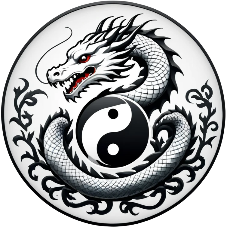 An icon symbolizing Eastern martial arts in the style of an emblem, featuring a black-and-white Yin-Yang symbol and a dragon at the center, surrounded by elements like a dojo. Transparent background highlights balance and power. emoji