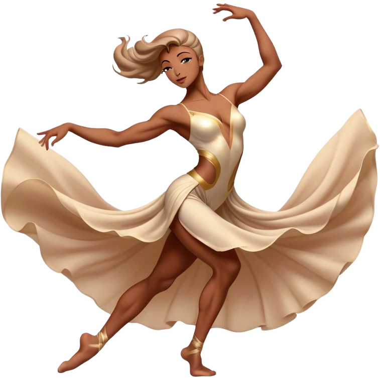 Cinematic Realistic Dance Poses, an elegant dancer mid-motion, muscles tensed with control, soft fabric of their attire flowing with movement, dramatic lighting highlighting the graceful lines, glowing with passion and poise. emoji