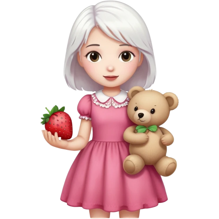 girl with white hair holding a strawberry wearing a pink dress holding a teddy bear emoji