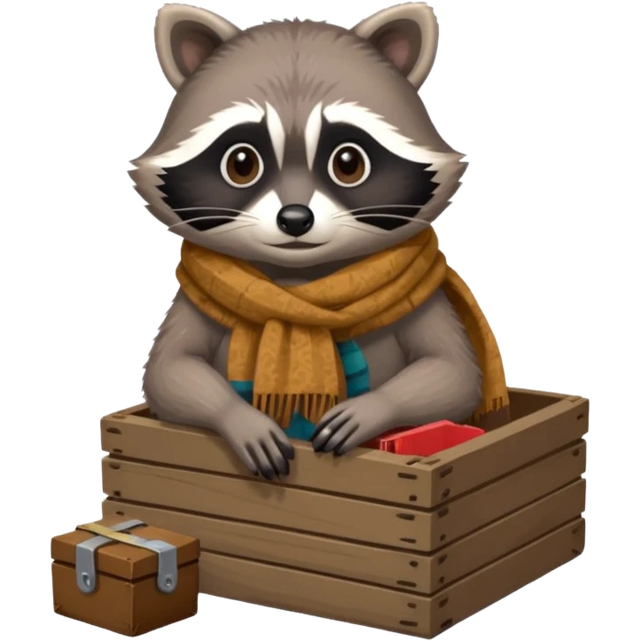 A raccoon with worn-out scarf, sitting next to a tiny box of collected belongings, staring curiously with round sad eyes.
 emoji