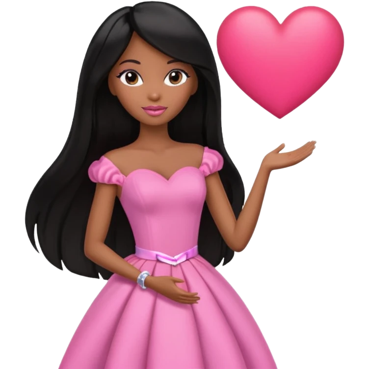 Black barbie, long black  hair, pink dress holding big heart that  visibly says "daily heart me" emoji