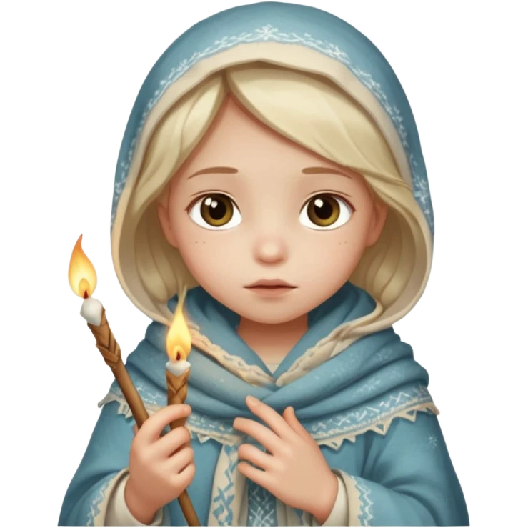 A small girl in a worn winter dress and shawl, holding a glowing matchstick close to her face, eyes wide with soft hope.
 emoji