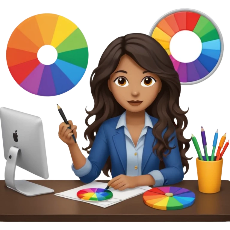 female dark wavy long hair graphic designer , holding color wheel , pens, papers, desktop emoji