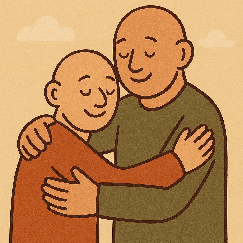 two bald men of different heights hugging, friendly and warm, minimal background emoji