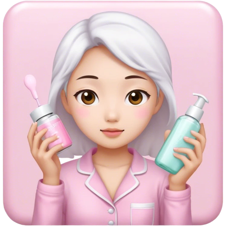 angelic asian girl doing skin care in pink pajamas emoji