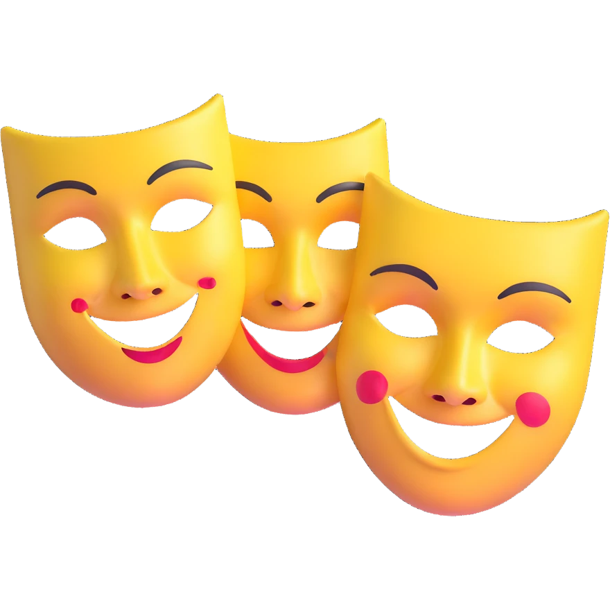 theatre masks with one mask smiling broadly and one mask frowning deeply, comedy and tragedy contrast emoji