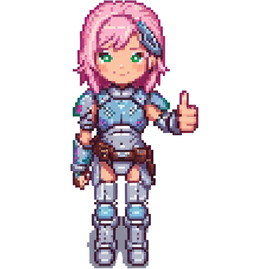 cyborg girl with pink hair giving a thumbs up, pixel art style, detailed armor emoji