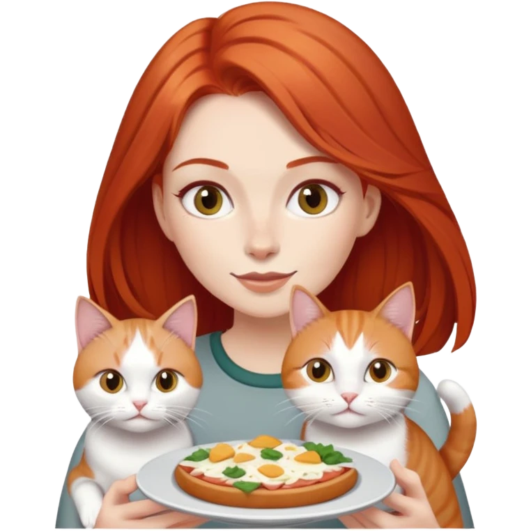 Red haired Woman sharing food with 1 grey white cat emoji