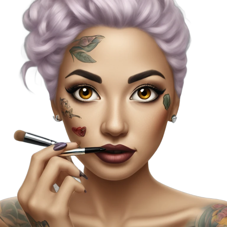 Hyper Realistic Beautiful tattooed woman applying her makeup emoji