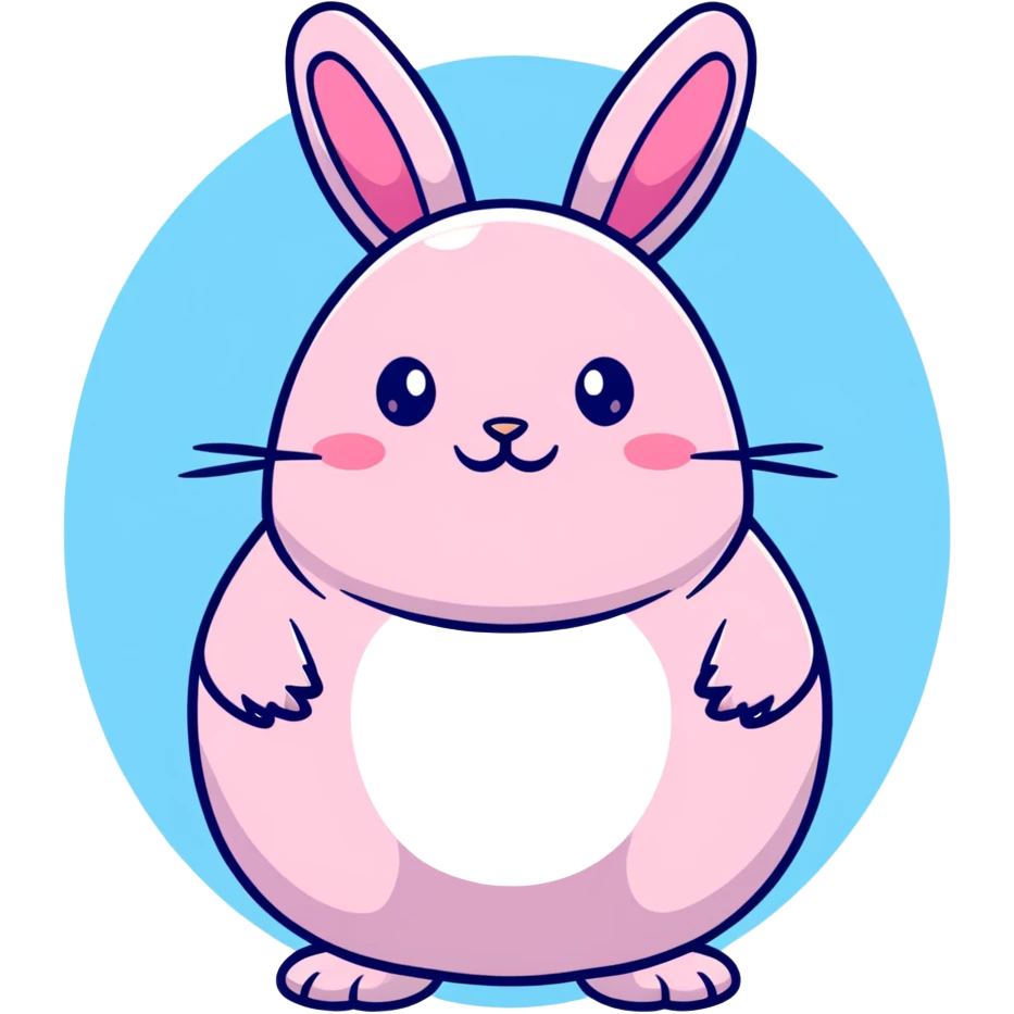 A fat bunny character in Sanrio style like Hello Kitty, large head with big round eyes, blushing cheeks, small mouth, minimal facial features, tiny spikes, pastel pink and blue colors, clean bold outlines, rounded shapes emoji