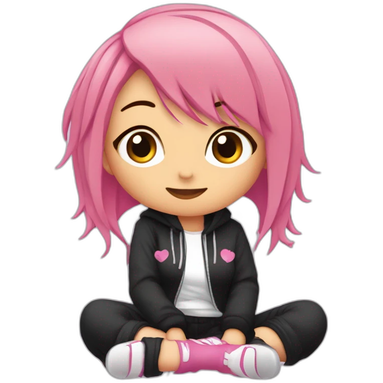 full body Front view curvy emo girl pink hair sits on the floor straight view hands up черная юбка белые трусики рваные полосатые чулки emoji