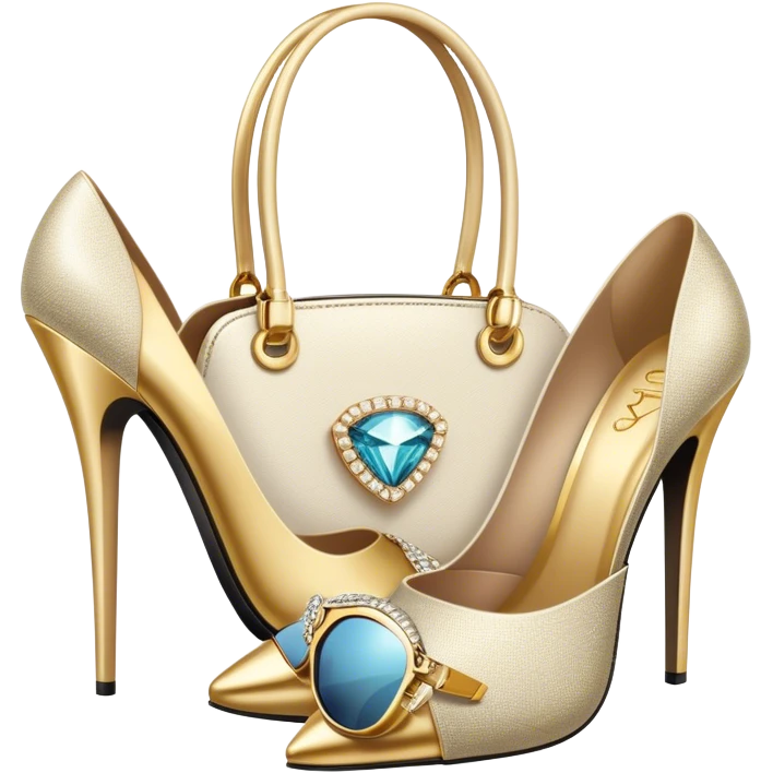 A photorealistic icon featuring luxurious fashion accessories like a high-end handbag, elegant high heels, a sparkling diamond necklace and a stylish pair of sunglasses. The design includes gold accents, purfume, and glamorous textures, fashion, and VIP luxury. Transparent background emoji