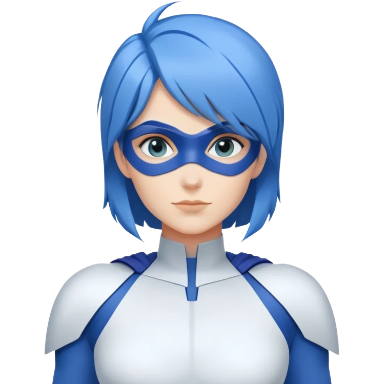 Close-up emoji of a friendly woman with blue hair (no mask), wearing a minimalist blue and white superhero suit with broad shoulders. The suit has a large blank area on the chest for a logo, uses only blue and white colors, and has minimal details.  emoji