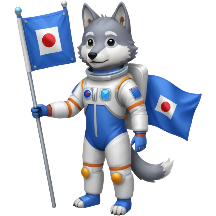 a wolf in space suit, holding blue rectangle flag, full body emoji