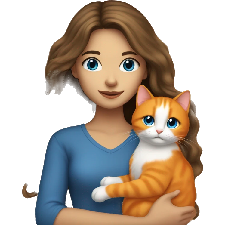 long haired brunette girl with blue eyes holding orange cat emoji