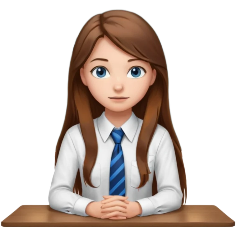 high school class room with a pretty female high school student with long brown hair, blue eyes, wearing a tie, sitting in front of the blackboard emoji
