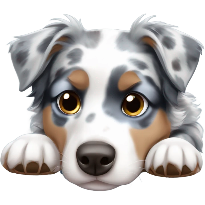 Blue Merle Australian shepherd puppy lying down with one blue and one brown eye   emoji