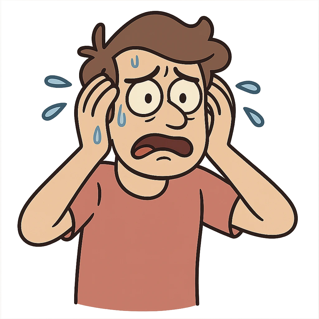 a person looking stressed, with sweat drops and a worried expression, cartoon style emoji