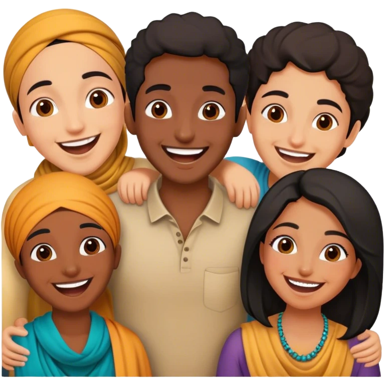 5 friends: 2 North African, 1 Iranian, 1 Indian, 1 black emoji